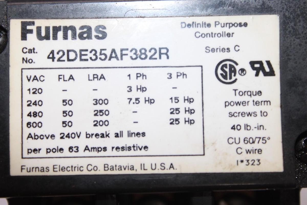 Used FURNAS CONTACTOR 42DE35AF382R 50 AMP 600 VAC 25 HP 3-POLE COIL: 110/120V