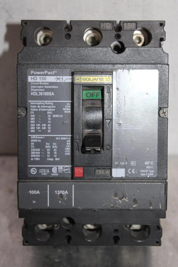 Used SQUARE D POWERPACT CIRCUIT BREAKER HDL36100SA 100 AMP 600 VAC 3-POLE HD-150