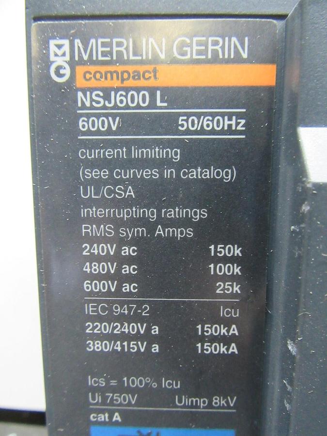 Used MERLIN GERIN COMPACT CIRCUIT BREAKER NSJ600L 240/600 AMP 600 VOLT 3-POLE 3-PHASE