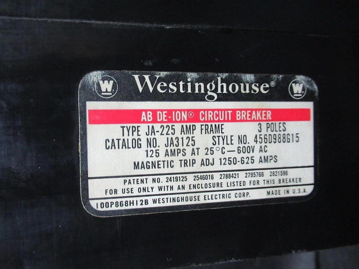 Used WESTINGHOUSE AB DE-ION BREAKER JA3125 125 AMP 600 VAC 3-POLE 4560988G15