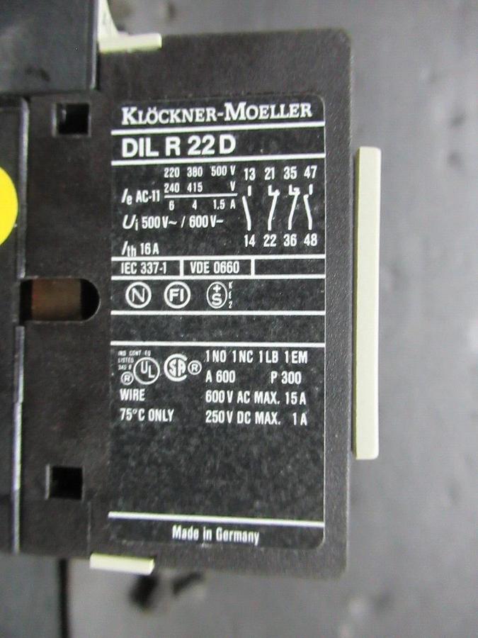 Used KLOCKNER-MOELLER CONTACTOR DIL-R-22-D 600 VAC 15 AMP COIL: 110/120 VOLT