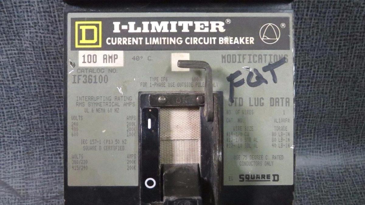 Used SQUARE D I-LIMITER I-LINE CIRCUIT BREAKER 100 AMP 600 VAC 3 POLE MODEL IF36100