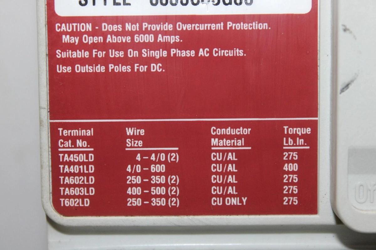 Used CUTLER-HAMMER MOLDED CASE SWITCH LD3600WK 3-POLE 600 AMP 600 VAC LD-K