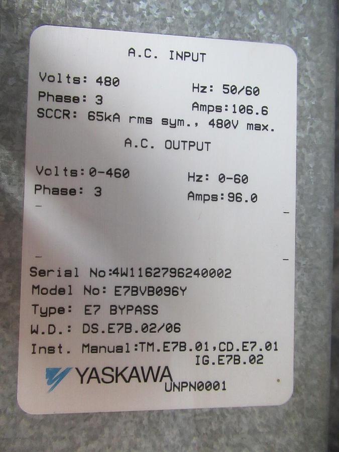 Used YASKAWA AC DRIVE E7BVB096Y 480 VOLT 65 KVA 106.6 AMP 3-PHASE BYPASS **WARRANTY**