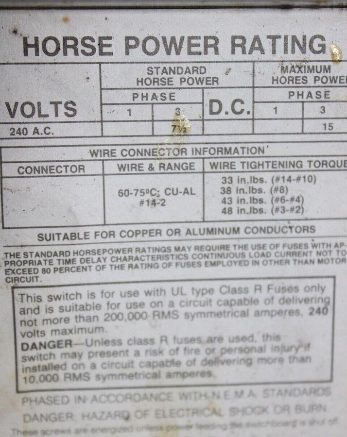 Used ITE FUSIBLE PANELBOARD VACU-BREAK DISCONNECT V7B3222R 60 AMP 240 VOLT 3-PHASE