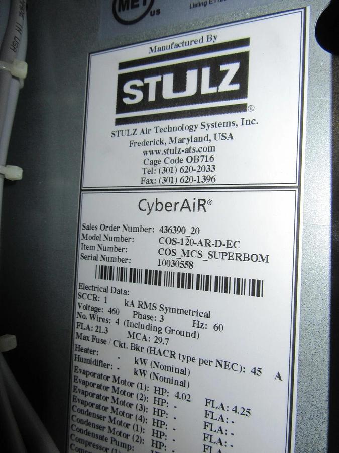 Used 10 TON STULZ CyberAir / CyberOne PRECISION CHILLED WATER COOLING SYSTEM COS-120