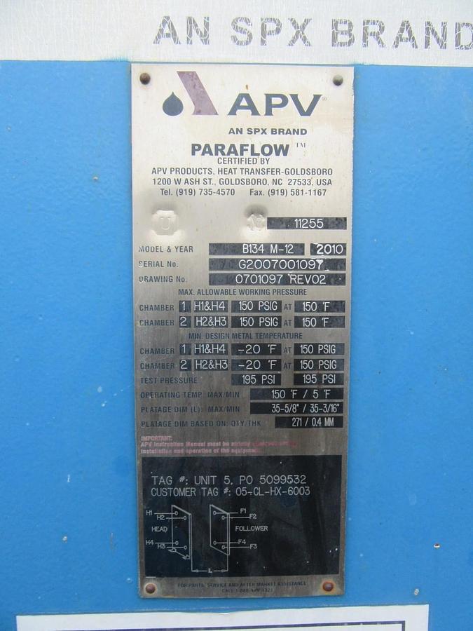 Used 2010 APV PARAFLOW 271 PLATE / FRAME HEAT EXCHANGER B134 M-12 150 PSIG