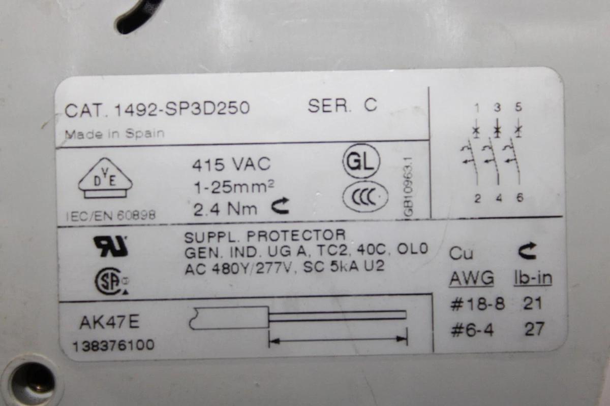 Used ALLEN-BRADLEY CIRCUIT BREAKER 1492-SP3D250 25 AMP 480/277 VAC 3-POLE *WARRANTY*