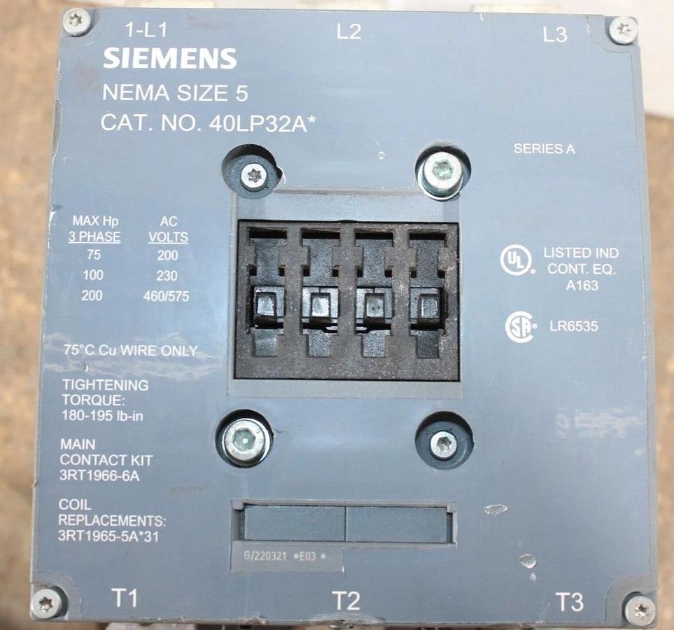 Used SIEMENS CONTACTOR 40LP32A 600 VAC NEMA SIZE 5 200 HP 3-PHASE 270 AMP COIL: 120V