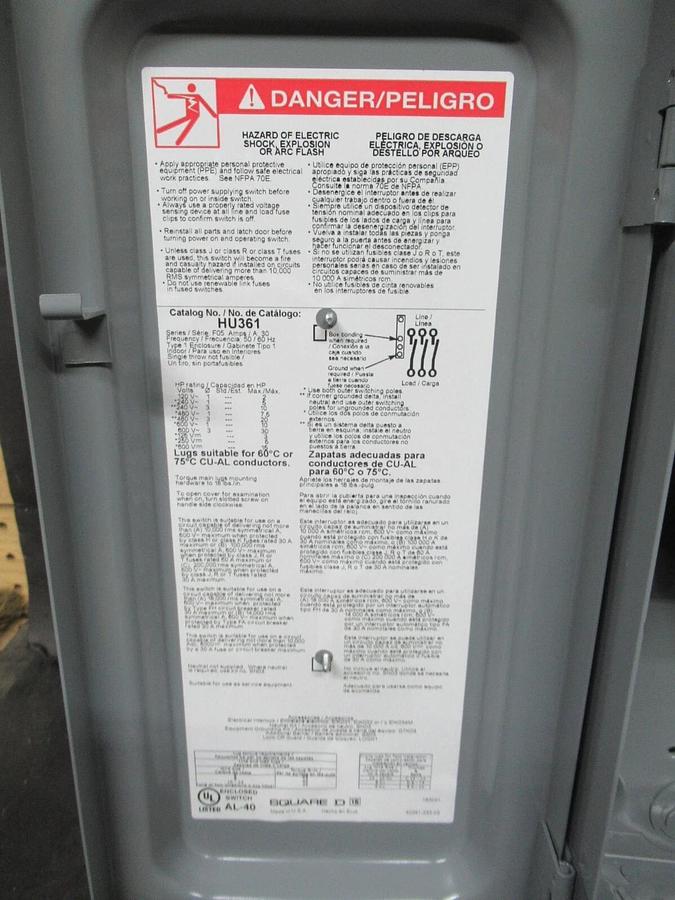Used SQUARE D SAFETY SWITCH HU361 30 AMP 600 VAC 30 HP 3-POLE TYPE 1 ENCLOSURE