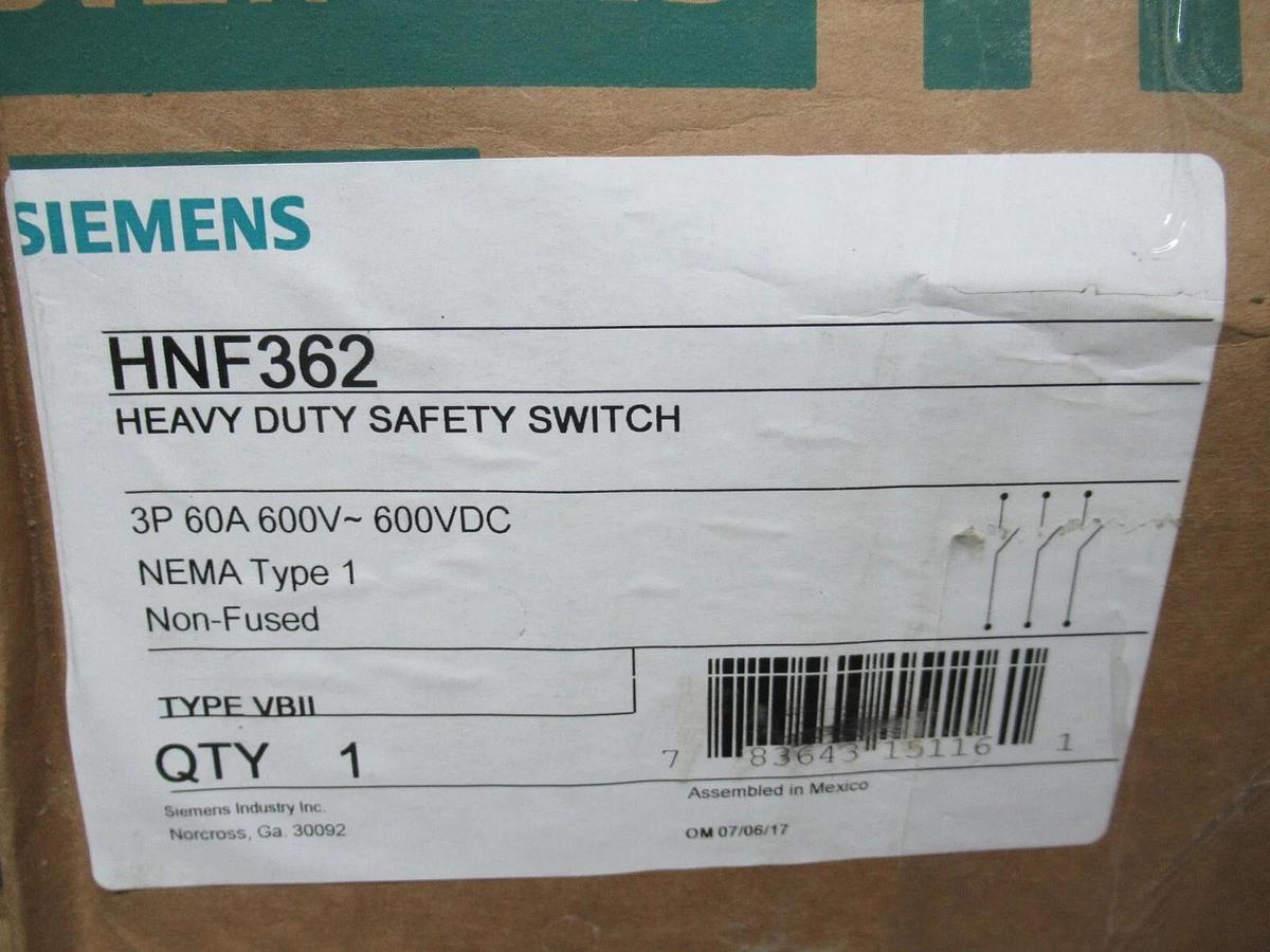 NEW IN BOX SIEMENS HEAVY DUTY FUSIBLE SAFETY SWITCH HNF362 600 VAC 60 AMP