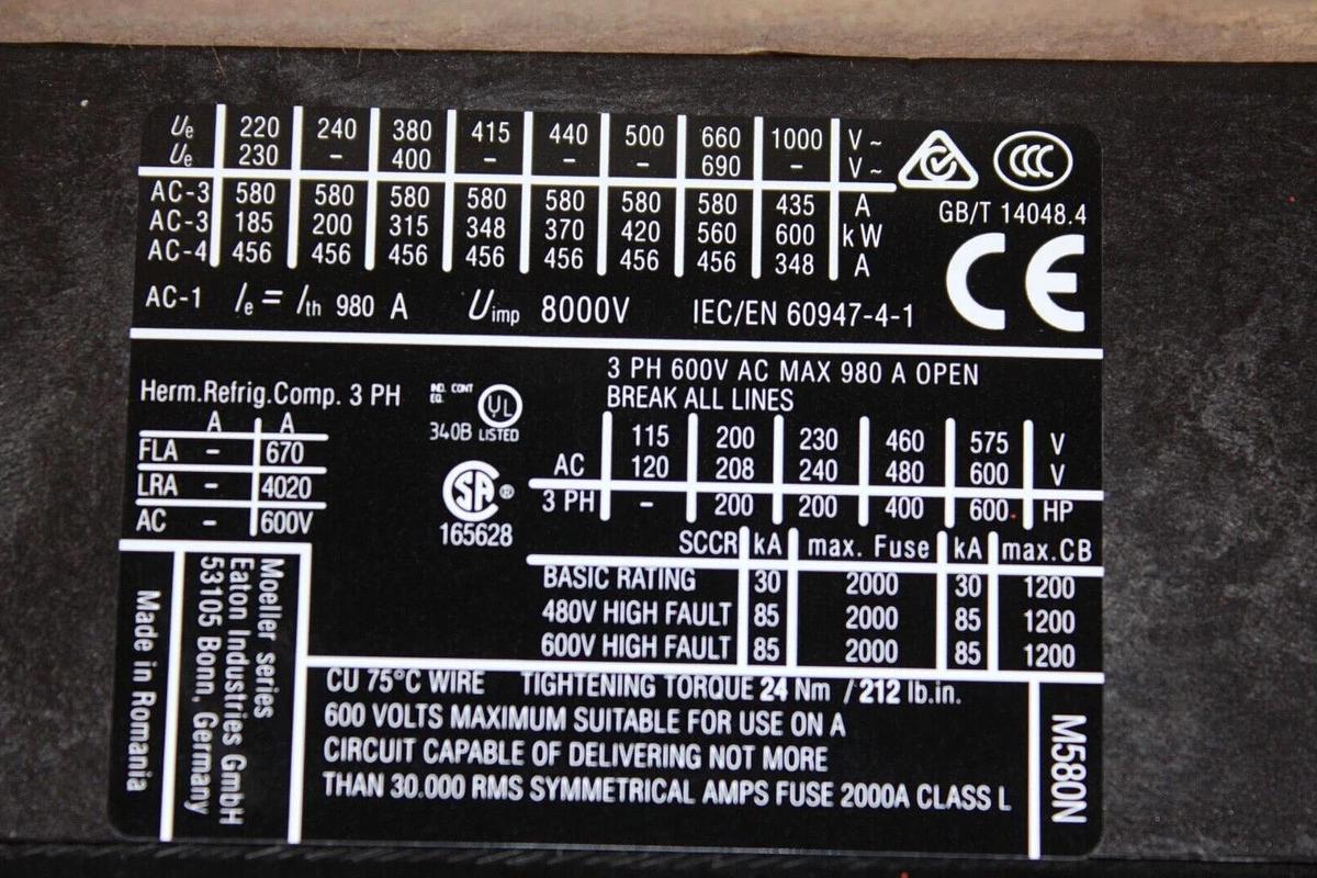 Used EATON VACUUM CONTACTOR DIL-M580 XTCE580N 600 VOLT 980 AMP 600 HP COIL: 110-240V