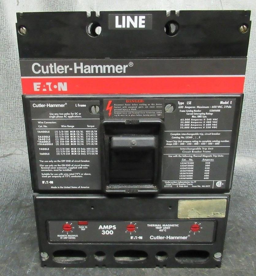 Used CUTLER HAMMER BREAKER LS36F600E 3-POLE 600A 600VAC 250VDC W/ SHUNT TRIP AND LUGS