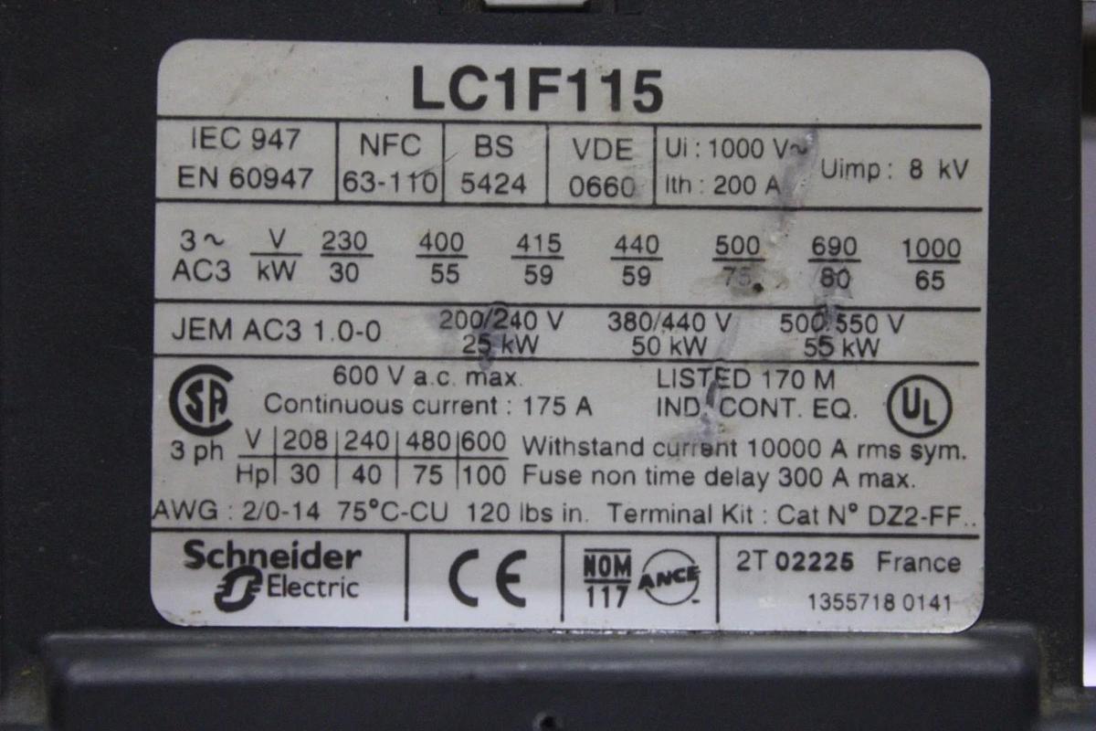 Used TELEMECANIQUE CONTACTOR LC1F115 600 VAC 175 AMP 3-POLE *WARRANTY*