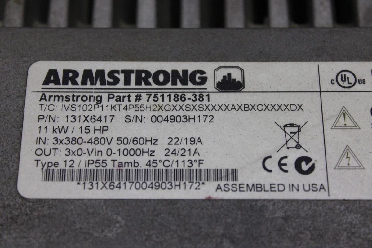 Used ARMSTRONG IVS VARIABLE SPEED DRIVE 751186-386 131X6417 11 kW 15 HP 480 VAC