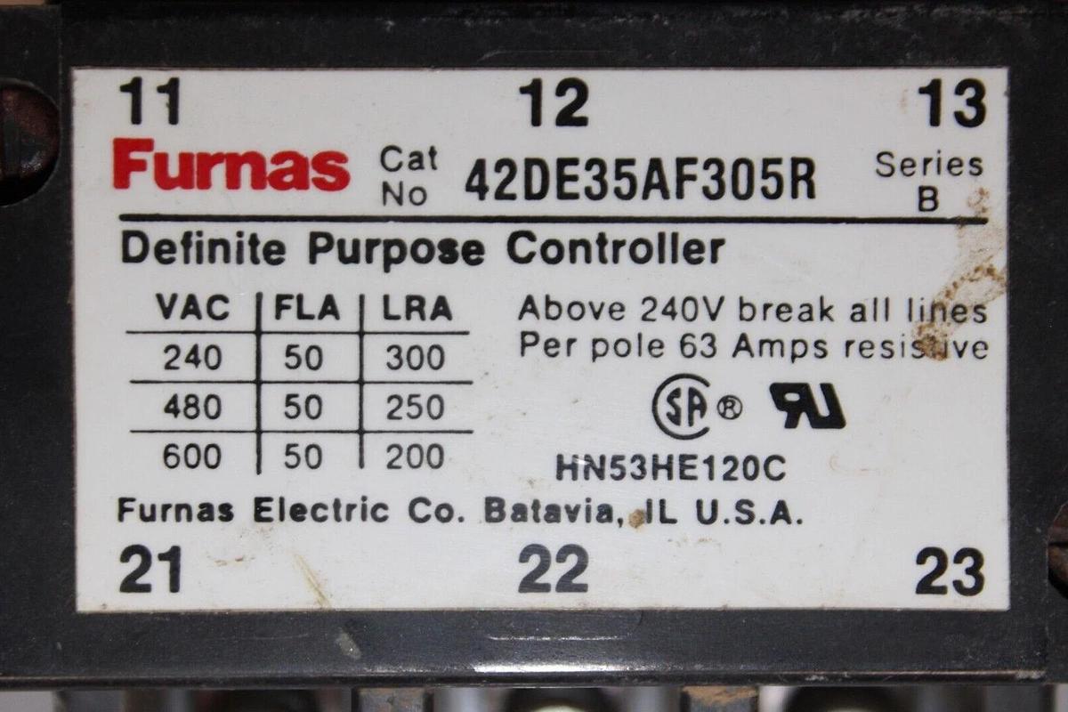 Used FURNAS CONTACTOR 42DE35AF305R 50 AMP 600 VAC 3-POLE 3-PHASE COIL: 110/120V