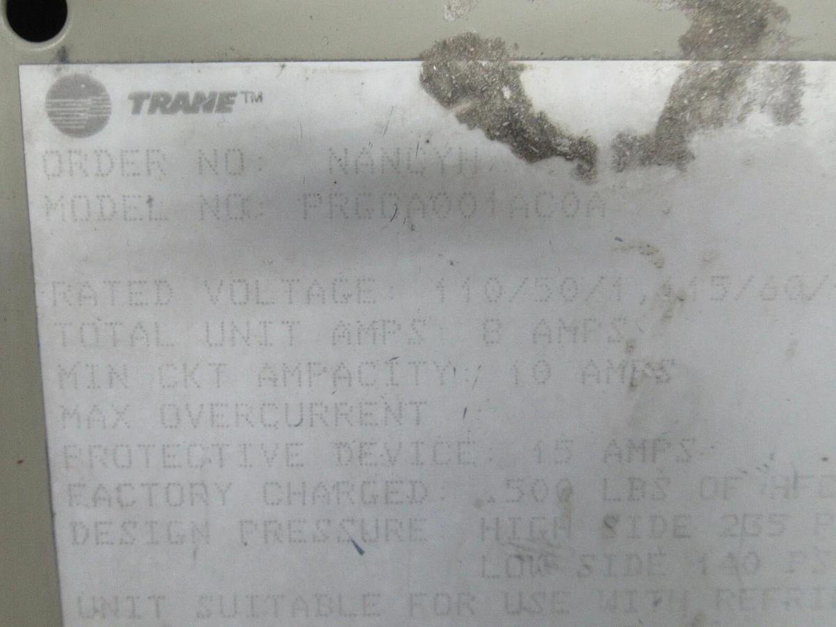 Used TRANE PURGE MODULE ENCLOSURE PRGC001AC0A X13650454-08 REV. K 110 VOLT 10 AMP