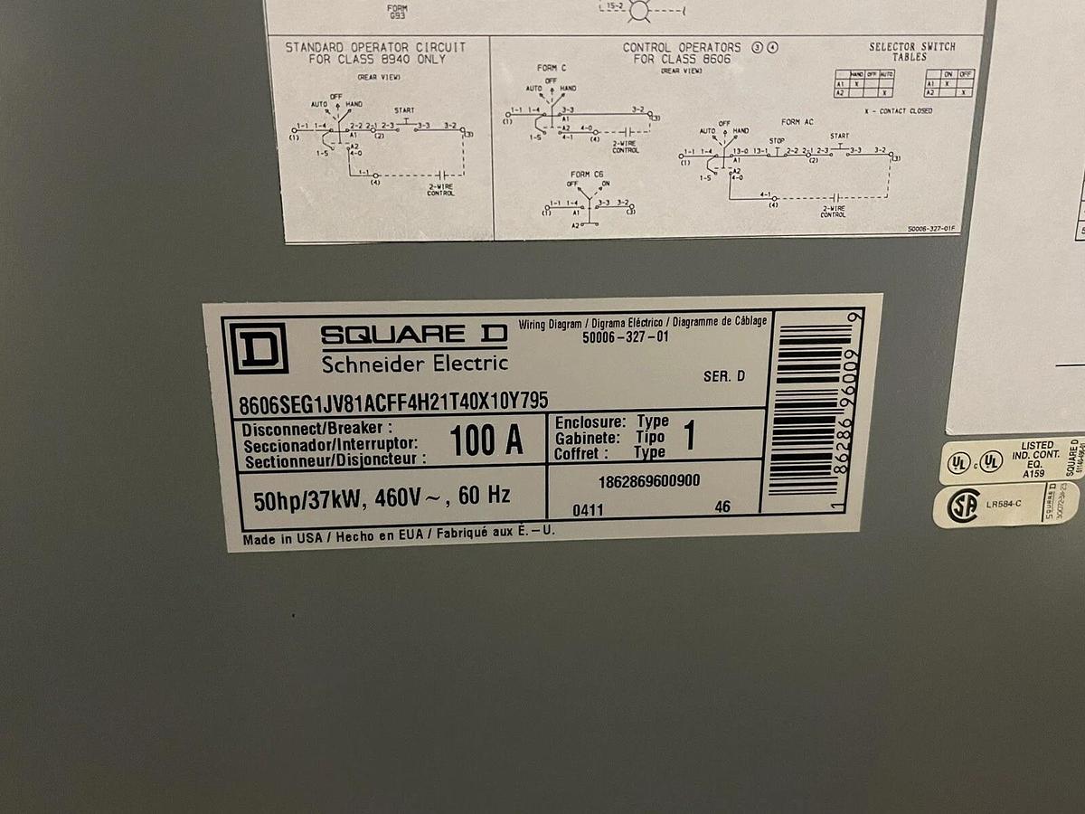 Used 50 HP SQUARE D REDUCED VOLTAGE STARTER 100 AMP SIZE 3 460 VOLT 8606SEG1JV81ACFF