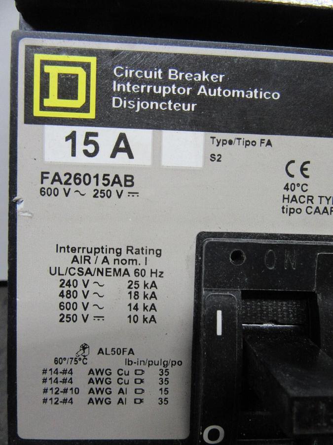 Used SQUARE D I-LINE CIRCUIT BREAKER FA26015AB 2-POLE 15 AMP 600 VAC **WARRANTY**