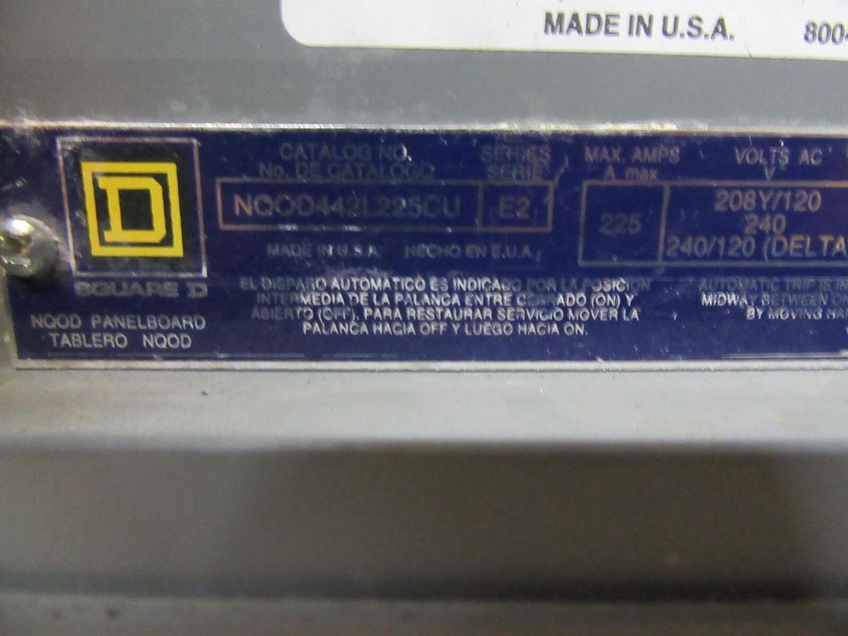 Used SQUARE D NQOD SERVICE PANEL MHC35SHR 225 AMP 240/208/120 VAC 4-WIRE 40-CIRCUIT