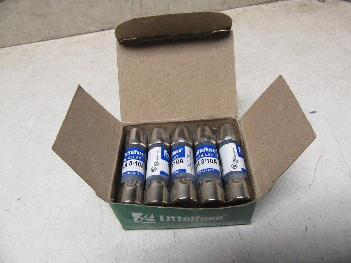 Used FLA 8/10 NEW BOX OF 10 LITTELFUSE FLA 8/10 AMP TIME DELAY NIB 125V MIDGET FUSE