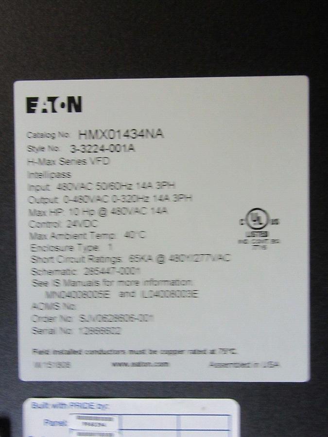 Used EATON VARIABLE SPEED DRIVE H-MAX INTELLIPASS HMX0143NA 480 VAC 14 AMP 10 HP