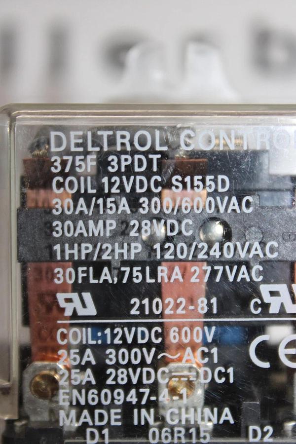 Used DELTROL CONTROLS RELAY 375F 30 AMP 600 VAC 2 HP 3PDT COIL: 12 VDC **WARRANTY**