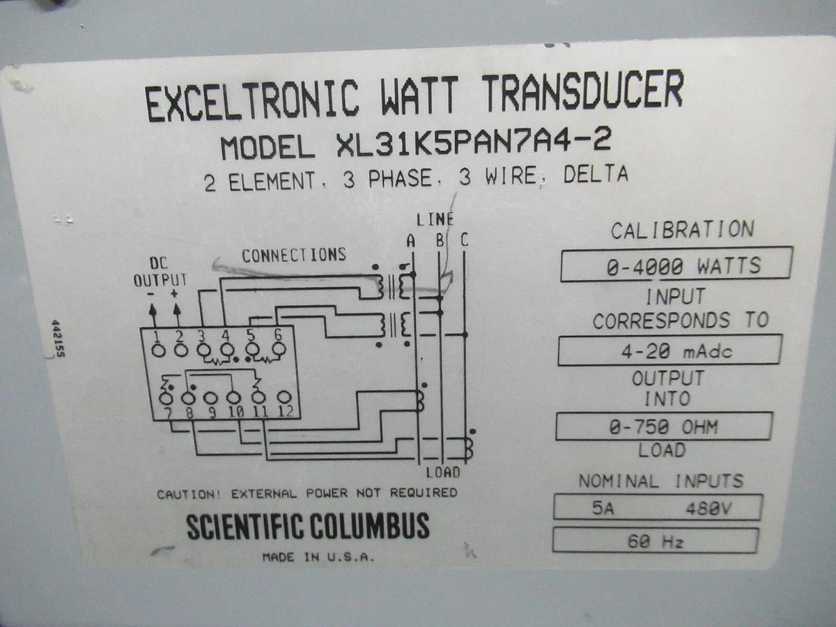 Used SCIENTIFIC COLOMBUS / AMETEK EXELTRONIC WATT TRANSDUCER XL31K5PAN74-2 3-WIRE