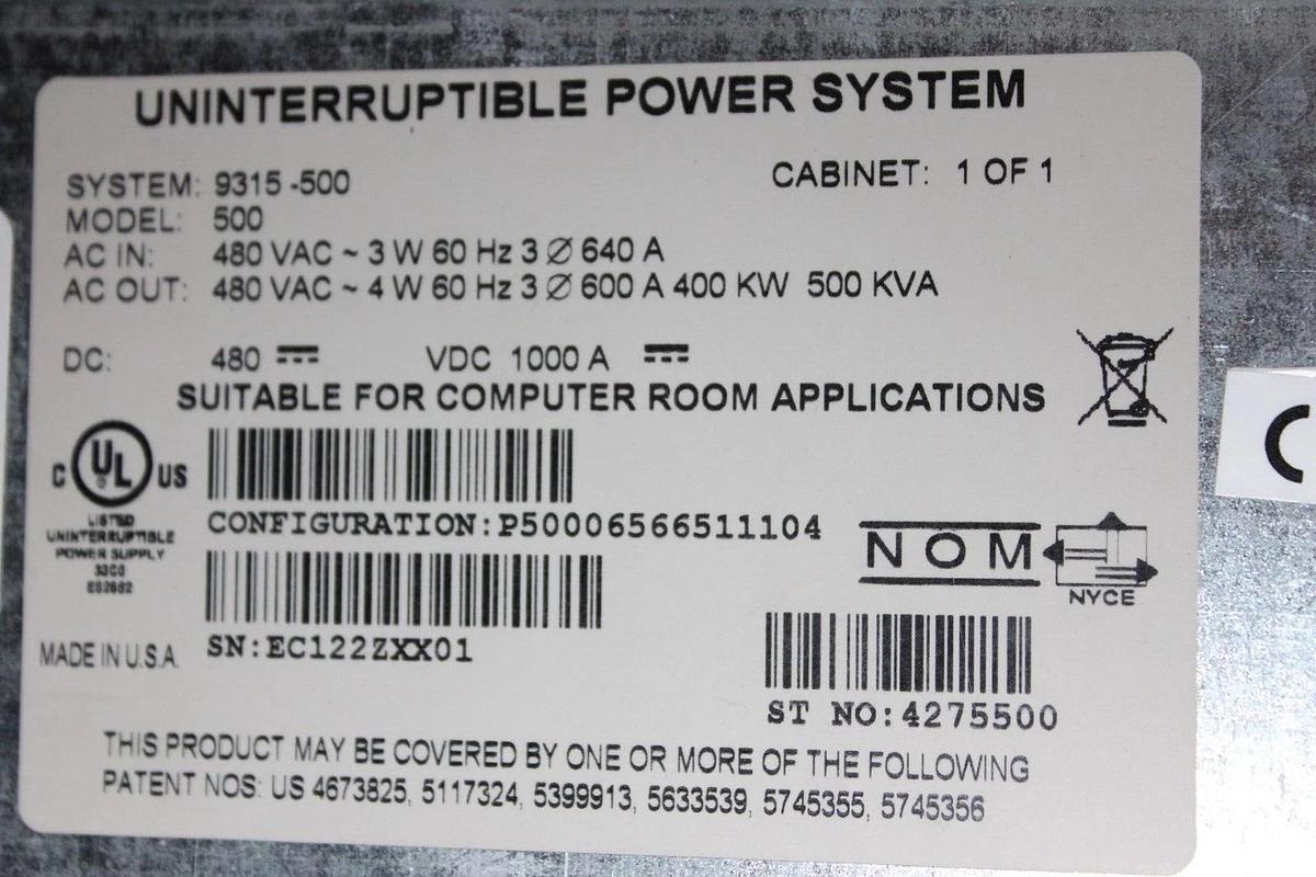 Used EATON UPS CABINET DISPLAY 9315-500 480 VAC 600 AMP **WARRANTY**