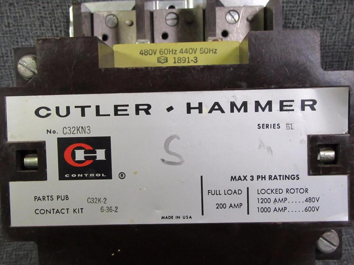 Used CUTLER HAMMER CONTACTOR 200 AMP 600V COIL: 440/480V C32KN3 SERIES B1 W/ AUX