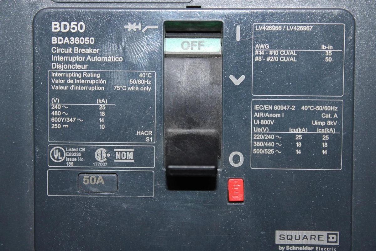 Used SQUARE D POWERPACT I-LINE CIRCUIT BREAKER BDA36050 50 AMP 3-POLE 600 VAC