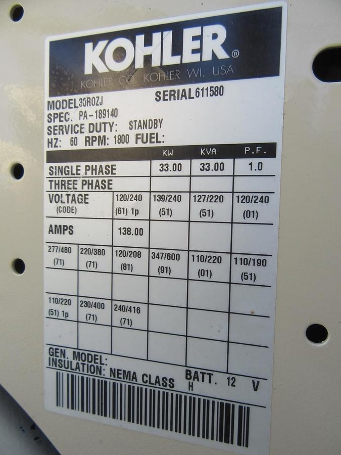 Used 30KW DIESEL GENERATOR KOHLER 120/240 V JOHN DEERE 12-LEAD RECONNECTABLE