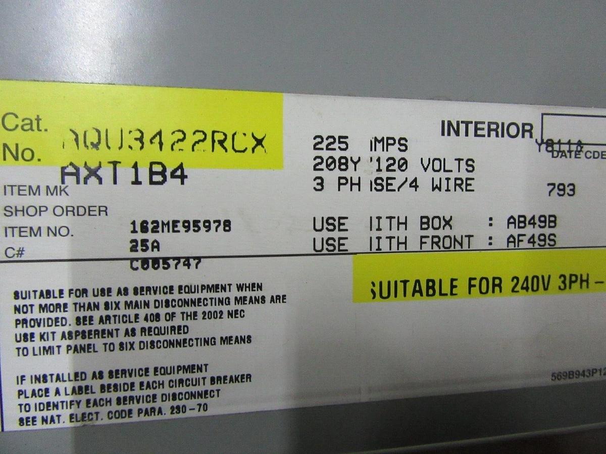 Used GE SERVICE PANEL AQU3422RCX 225 AMP 208/120 VOLT 3-PHASE 4-WIRE