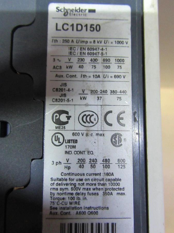 Used SCHNEIDER REVERSING CONTACTOR LC1D150 160 AMP 600 VAC 3-PHASE 125 HP