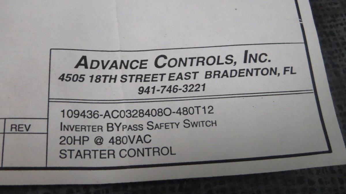 Used ADVANCED CONTROLS VARIABLE FREQUENCY BYPASS 20 HP 480V IBYSS AC03284080-480T12