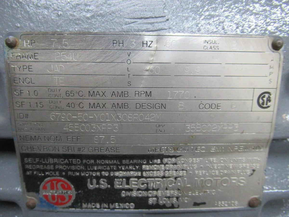 Used US ELECTRICAL MOTORS 6790-50-Y01X308R042M 254U 3 PHASE 460 VOLT 9.9 AMP 1770 RPM