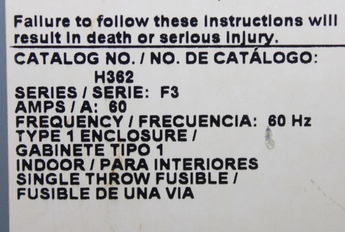 Used SQUARE D HEAVY DUTY SAFETY DISCONNECT SWITCH H362 60 AMP 600 VAC *WARRANTY*