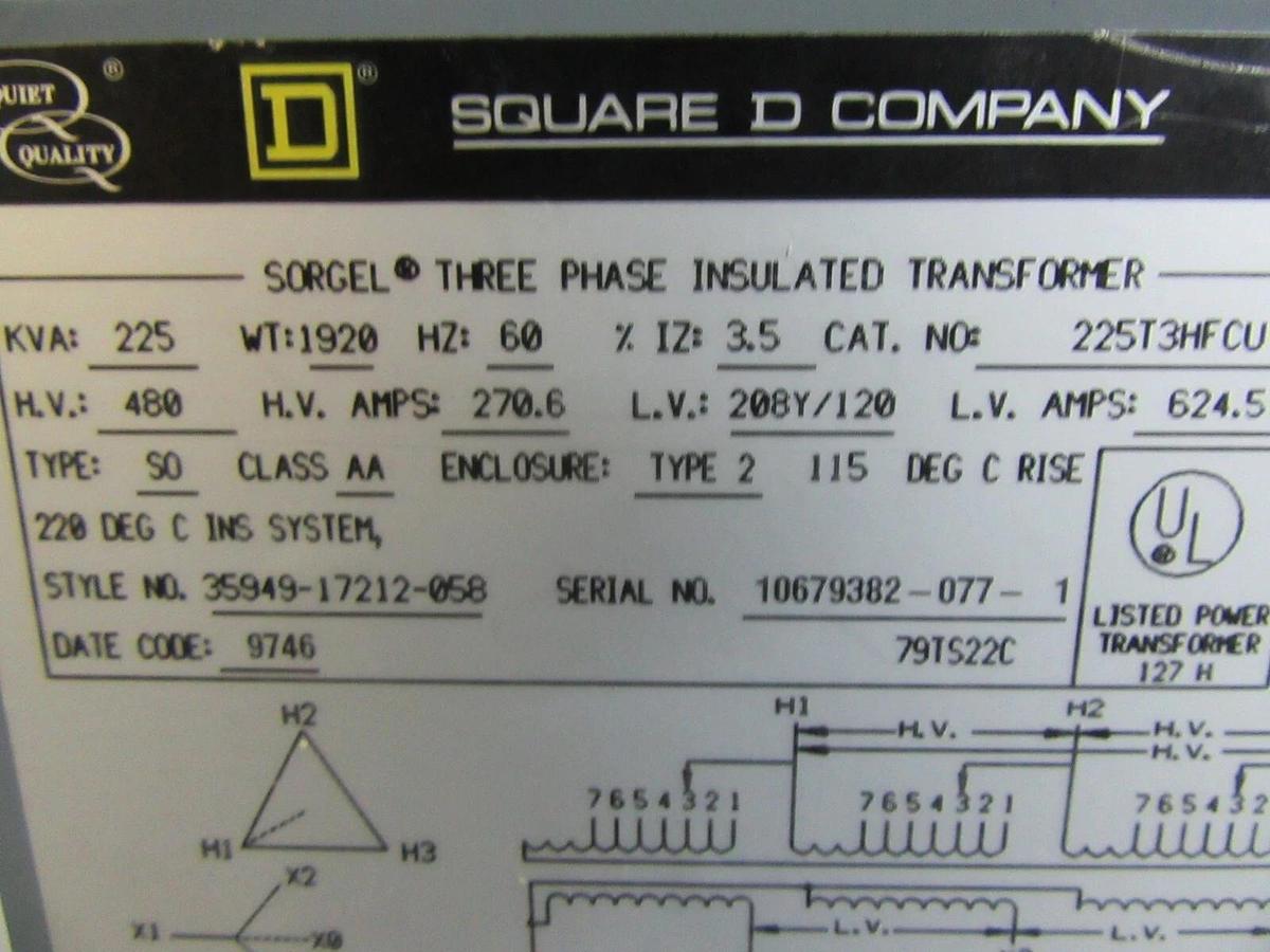 Used SQUARE D TRANSFORMER 225T3HFCU 225 KVA 3-PHASE PRI: 480 VOLT SEC: 208Y/120 VOLT