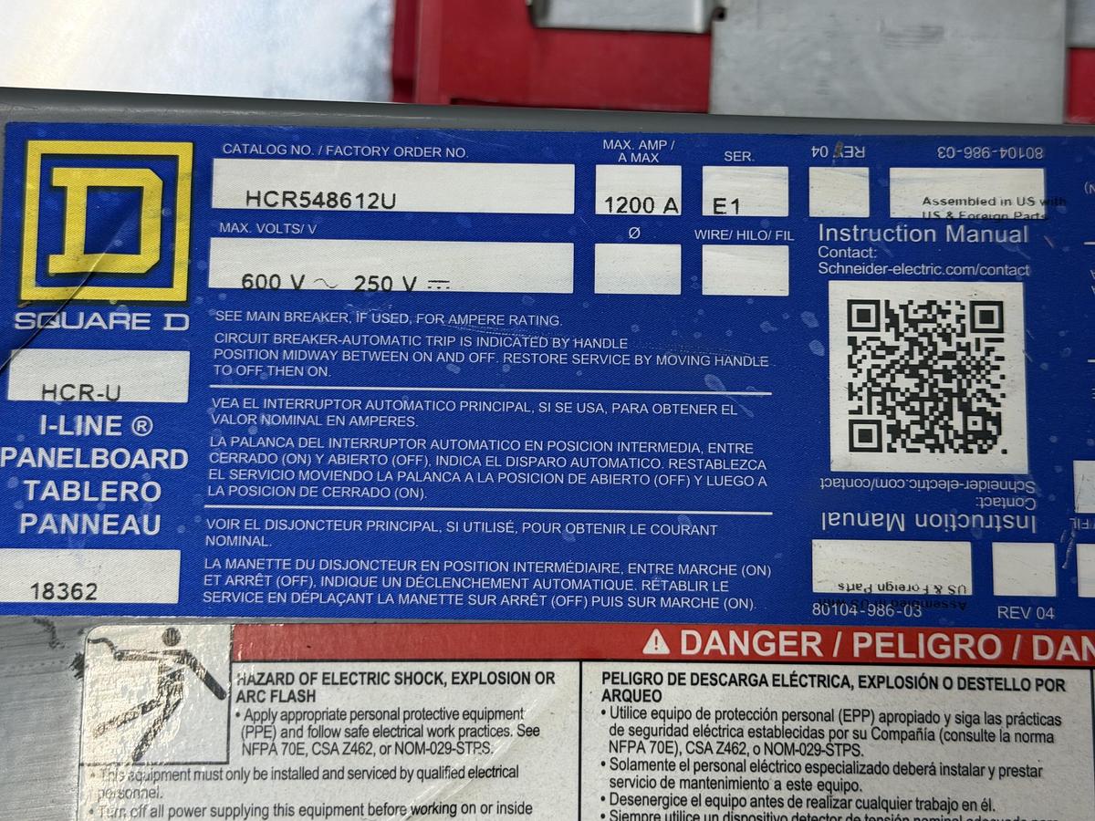 Used SQUARE D TYPE 1 I-LINE SERVICE PANEL 1200 AMP 480 VAC 3-PHASE 42-SLOT