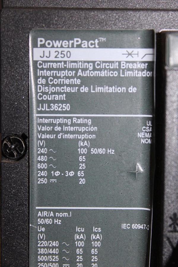 Used SQUARE D POWERPACT CIRCUIT BREAKER JJL36250 250 AMP 600 VOLT 3-POLE