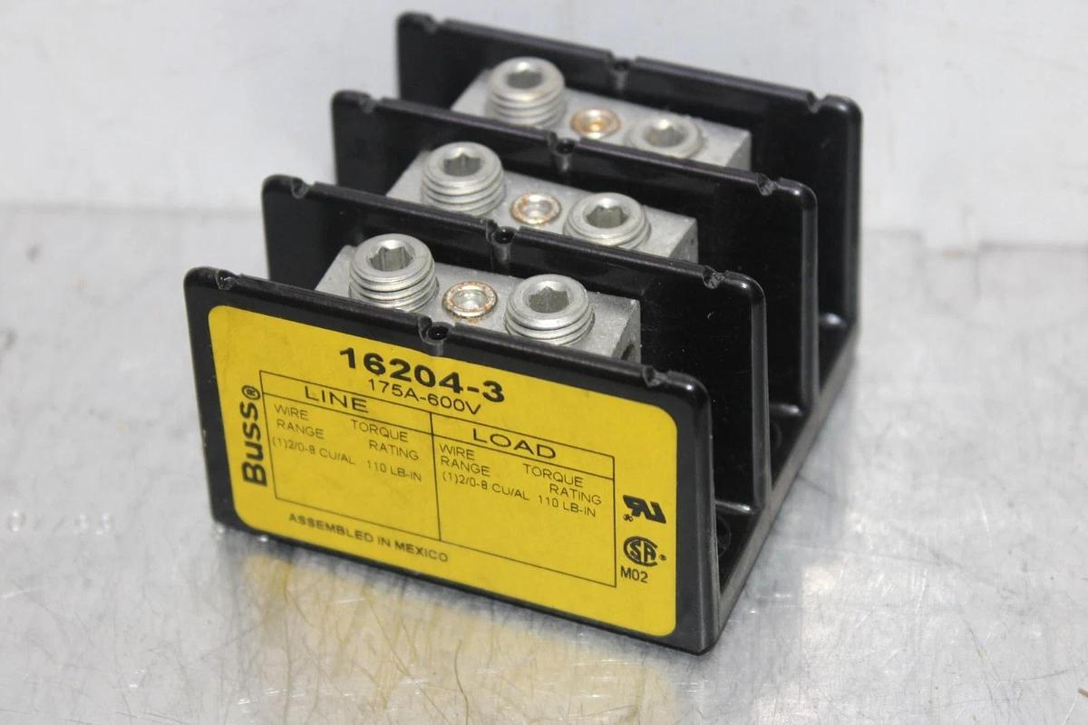 Used BUSS POWER BLOCK TERMINAL LUG END 16204-3 175 AMP 600 VOLT 3-POLE **WARRANTY**