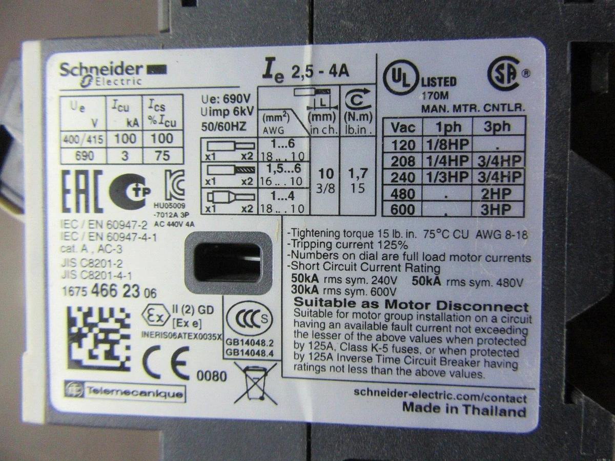 Used SCHNEIDER MANUAL MOTOR STARTER GV2ME08 2.5-4 AMP 600 VAC 3 HP **WARRANTY**
