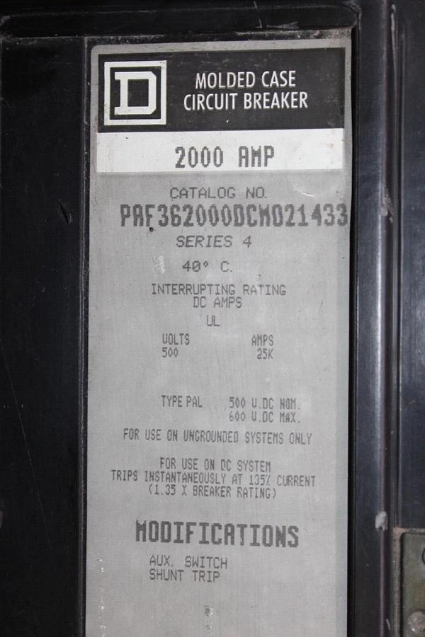 Used SQUARE D DC CIRCUIT BREAKER PAF362000DCM021433 W/ AUX. SWITCH & SHUNT TRIP