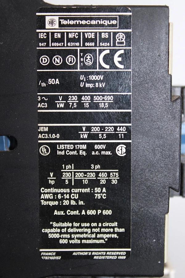 Used TELEMECANIQUE STARTER LC1-D25-10 600 VAC 50 AMP 30 HP 3-PHASE *WARRANTY*