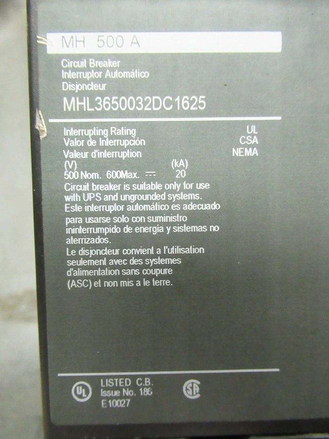 Used SQUARE-D BREAKER MHL3650032DC1625 500A 600VDC W/ AUXILIARY SWITCH & UVR & LUGS