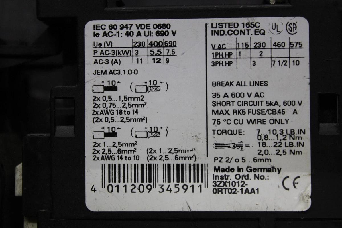 Used SIEMENS SIRIUS STARTER 3RT1024-1A..0 600 VOLT 35 AMP 10 HP W/ 3RU1126-1GB0