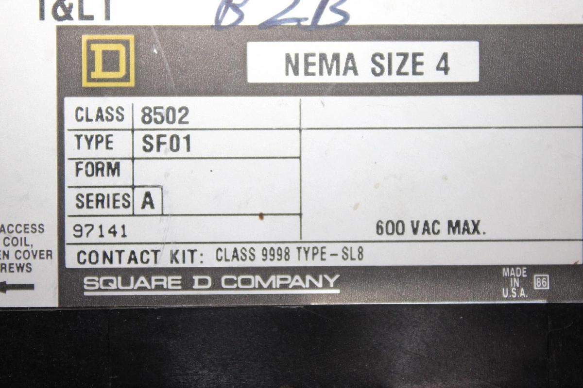 Used SQUARE D NEMA CONTACTOR 8502SF01 SIZE 4 600 VAC COIL: 110/120V