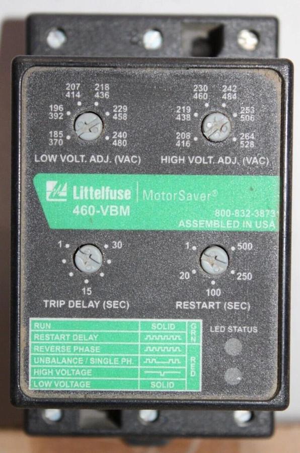 Used LITTELFUSE 3-PHASE VOLTAGE MONITOR MOTOR SAVER RELAY 460-VBM 480 VAC 10 AMP