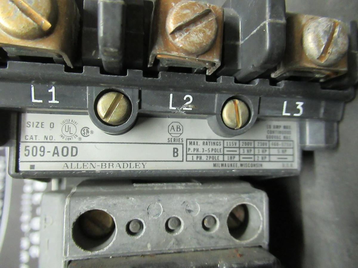 Used ALLEN BRADLEY STARTER 509-A0D SER. B 600 VAC 5 HP @ 460 VAC 18 AMP SIZE 0