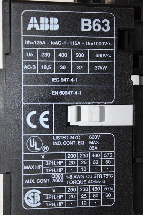Used ABB CONTACTOR B63 600 VOLT 3-POLE 3-PHASE 60 HP 85 AMP COIL: 120V